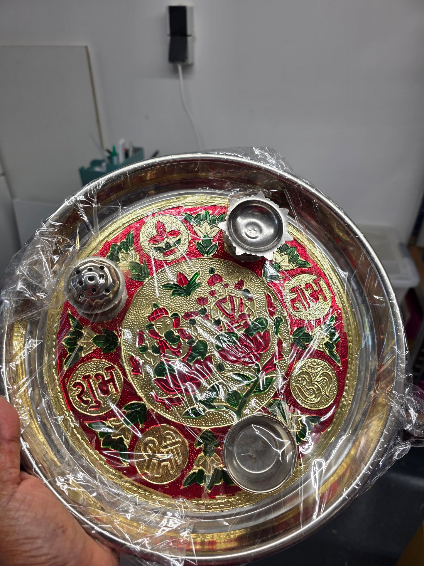 Shubh labh Pooja Thali with enamel ganapathi and laxmi stainless steel