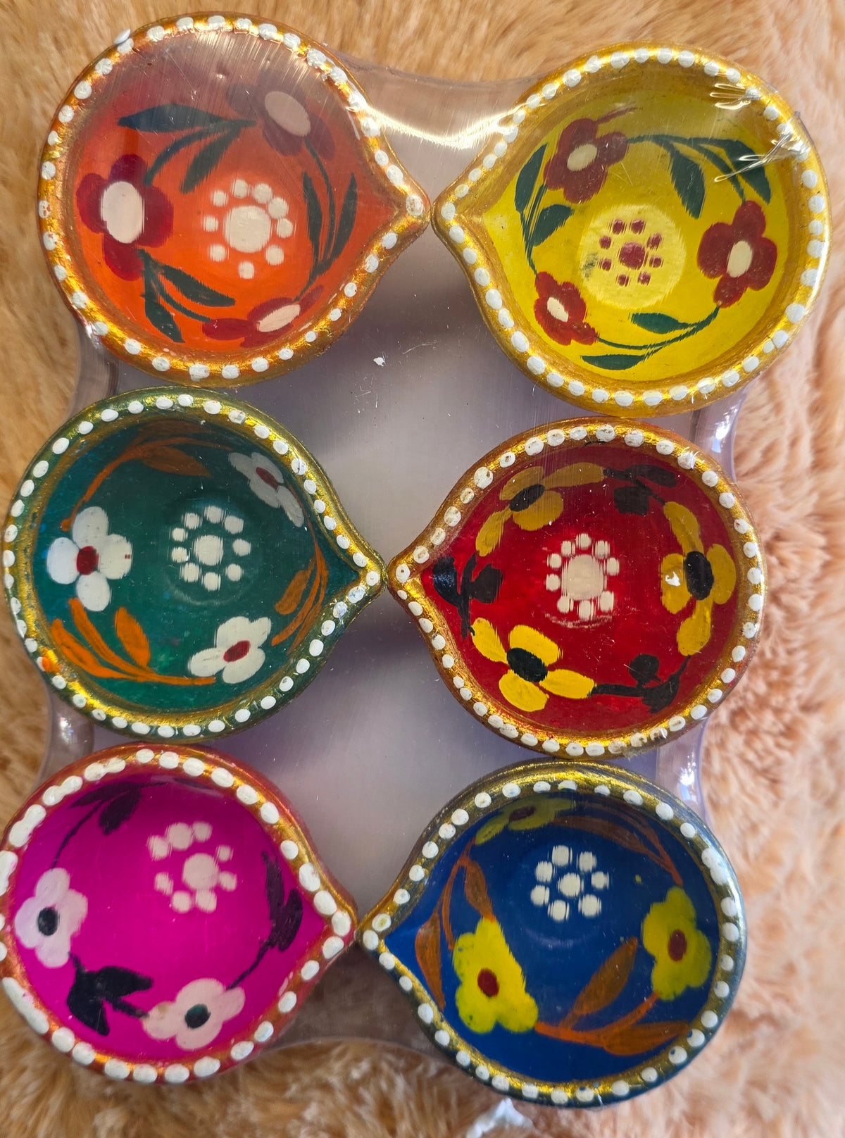 Colorful flower pattern Clay diyas (set of 6pieces in 6 colors)