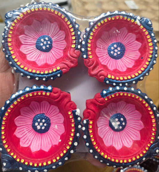 Flower design colorful Clay diyas (4pieces)